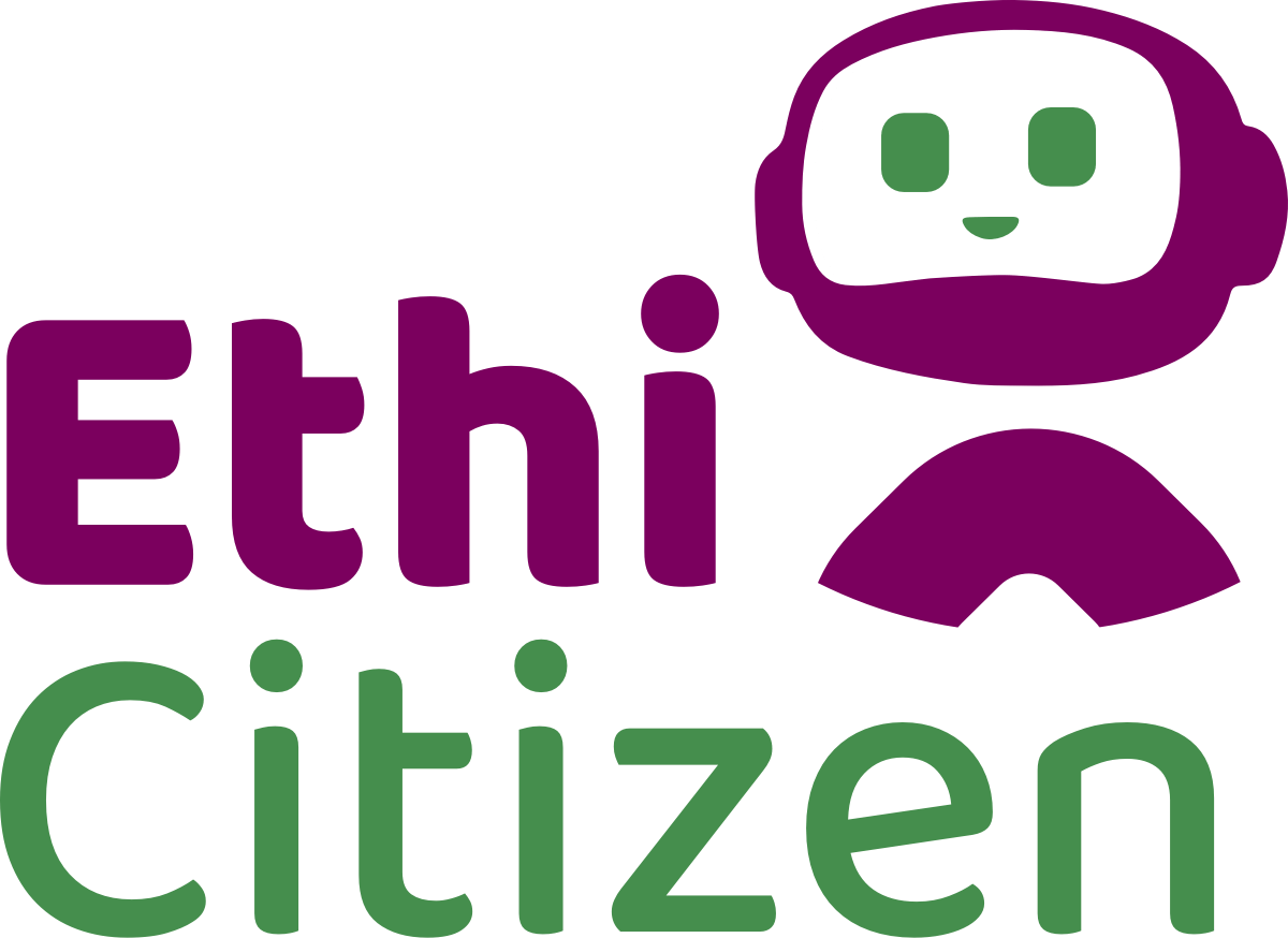 Лого на EthiCitizen с лилав робот и текст "EthiCitizen" в лилаво и зелено. thiCitizen logo featuring a purple robot and the text "EthiCitizen" in purple and green.
